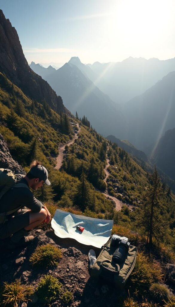 A rugged, sun-dappled landscape, with a winding trail cutting through lush, verdant foliage. In the foreground, a hiker crouches over a map, meticulously planning their journey, equipment and supplies laid out around them. In the middle ground, towering, snow-capped peaks rise in the distance, their majestic silhouettes framed by a brilliant, azure sky. The warm, golden light of the afternoon sun bathes the scene, creating a sense of adventure and anticipation. A robust, compact mirrorless camera rests nearby, ready to capture the grandeur of the hike to come. This image evokes the thrill of planning an epic, bucket-list hiking adventure in a breathtaking, untamed wilderness. A rugged, sun-dappled landscape, with a winding trail cutting through lush, verdant foliage. In the foreground, a hiker crouches over a map, meticulously planning their journey, equipment and supplies laid out around them. In the middle ground, towering, snow-capped peaks rise in the distance, their majestic silhouettes framed by a brilliant, azure sky. The warm, golden light of the afternoon sun bathes the scene, creating a sense of adventure and anticipation. A robust, compact mirrorless camera rests nearby, ready to capture the grandeur of the hike to come. This image evokes the thrill of planning an epic, bucket-list hiking adventure in a breathtaking, untamed wilderness.