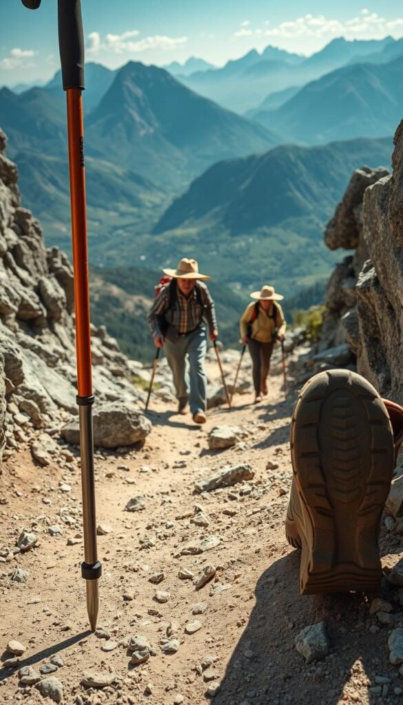 A rugged, sun-dappled mountain trail winds through a landscape of weathered boulders and craggy outcroppings. In the foreground, a sturdy hiking pole provides stability, while a comfortable, supportive boot leaves a clear imprint in the dusty path. Midground, elderly hikers navigate the rocky terrain, their faces shielded by wide-brimmed hats and their movements steady and deliberate. In the background, a panoramic vista of towering peaks and lush, verdant valleys sets the scene, conveying a sense of grandeur and tranquility. The overall atmosphere is one of cautious exploration, with an emphasis on safety and security for senior adventurers. A rugged, sun-dappled mountain trail winds through a landscape of weathered boulders and craggy outcroppings. In the foreground, a sturdy hiking pole provides stability, while a comfortable, supportive boot leaves a clear imprint in the dusty path. Midground, elderly hikers navigate the rocky terrain, their faces shielded by wide-brimmed hats and their movements steady and deliberate. In the background, a panoramic vista of towering peaks and lush, verdant valleys sets the scene, conveying a sense of grandeur and tranquility. The overall atmosphere is one of cautious exploration, with an emphasis on safety and security for senior adventurers.
