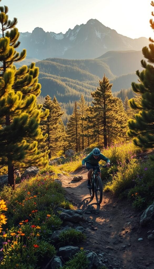 A scenic mountain biking trail winds through lush, verdant foliage in the heart of the Ozark Mountains in Arkansas. In the foreground, a skilled rider navigates the challenging terrain, their bike expertly maneuvering over rocks and roots. The middle ground is filled with towering pine trees and vibrant wildflowers, creating a serene and inviting atmosphere. In the background, rugged, snow-capped peaks rise majestically, casting long shadows across the landscape. The scene is bathed in warm, golden sunlight, creating a sense of adventure and exploration. The image captures the essence of the thrilling and picturesque mountain biking experience in the Natural State. A scenic mountain biking trail winds through lush, verdant foliage in the heart of the Ozark Mountains in Arkansas. In the foreground, a skilled rider navigates the challenging terrain, their bike expertly maneuvering over rocks and roots. The middle ground is filled with towering pine trees and vibrant wildflowers, creating a serene and inviting atmosphere. In the background, rugged, snow-capped peaks rise majestically, casting long shadows across the landscape. The scene is bathed in warm, golden sunlight, creating a sense of adventure and exploration. The image captures the essence of the thrilling and picturesque mountain biking experience in the Natural State.