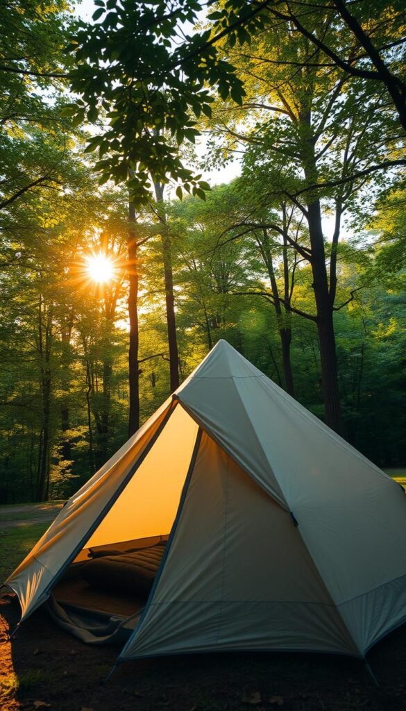 A serene campsite nestled in a lush forest glade, with a well-pitched, high-quality tent at the center. Warm, golden sunlight filters through the canopy of verdant foliage, casting a soft glow on the campsite. The tent's fabric billows gently in a light breeze, its neutral tones complementing the natural surroundings. The scene conveys a sense of tranquility and comfort, inviting the viewer to imagine a night of restful sleep within the cozy confines of the expertly set up shelter. The composition emphasizes the harmonious integration of the tent with its picturesque natural setting, highlighting the importance of choosing and arranging the perfect camping equipment for a rejuvenating outdoor experience. A serene campsite nestled in a lush forest glade, with a well-pitched, high-quality tent at the center. Warm, golden sunlight filters through the canopy of verdant foliage, casting a soft glow on the campsite. The tent's fabric billows gently in a light breeze, its neutral tones complementing the natural surroundings. The scene conveys a sense of tranquility and comfort, inviting the viewer to imagine a night of restful sleep within the cozy confines of the expertly set up shelter. The composition emphasizes the harmonious integration of the tent with its picturesque natural setting, highlighting the importance of choosing and arranging the perfect camping equipment for a rejuvenating outdoor experience.
