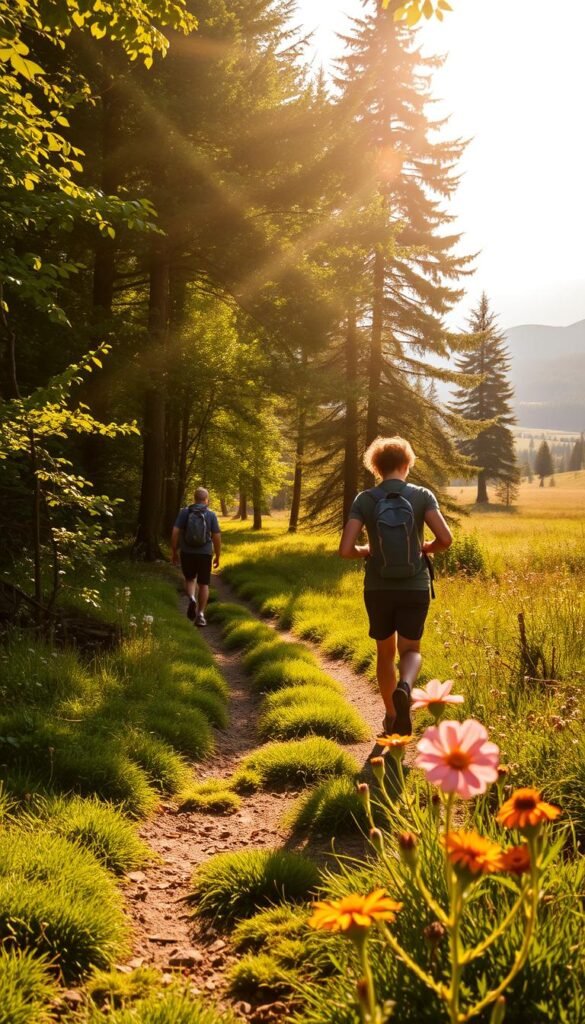 A serene, sun-dappled forest path winds through lush greenery, leading to a tranquil meadow. In the foreground, a hiker strides confidently, backpack slung over their shoulders. Rays of golden light filter through the canopy, casting a warm glow on the scene. The middle ground features vibrant wildflowers in bloom, their petals swaying gently in a light breeze. Beyond, the background showcases rolling hills and distant mountains, hazy in the afternoon haze. This image evokes the restorative power of nature, the physical benefits of hiking, and the peaceful harmony that can be found in combining outdoor activity and nourishing sustenance. A serene, sun-dappled forest path winds through lush greenery, leading to a tranquil meadow. In the foreground, a hiker strides confidently, backpack slung over their shoulders. Rays of golden light filter through the canopy, casting a warm glow on the scene. The middle ground features vibrant wildflowers in bloom, their petals swaying gently in a light breeze. Beyond, the background showcases rolling hills and distant mountains, hazy in the afternoon haze. This image evokes the restorative power of nature, the physical benefits of hiking, and the peaceful harmony that can be found in combining outdoor activity and nourishing sustenance.