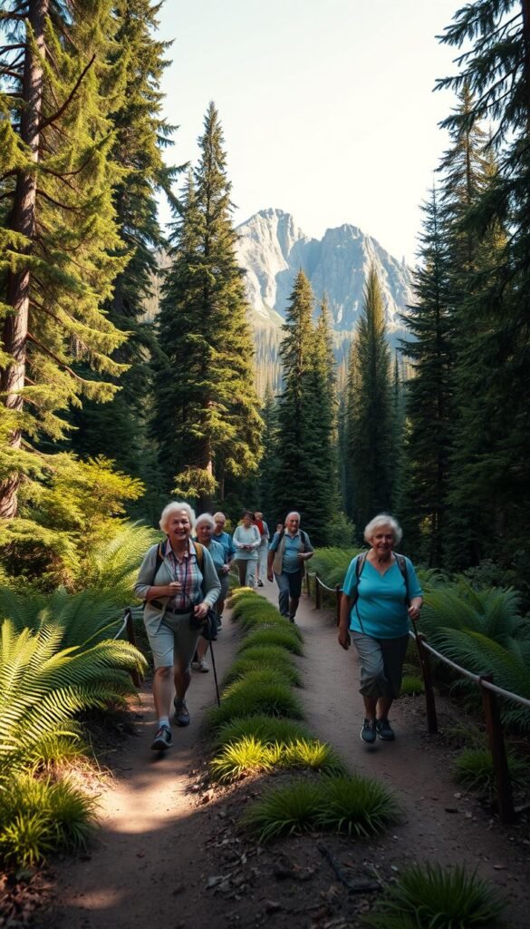 A serene, sun-dappled forest trail, its path gently winding through lush ferns and towering evergreens. In the foreground, a group of senior hikers treading carefully, their faces radiant with wonder as they take in the natural beauty around them. The middle ground reveals a well-maintained, obstacle-free trail, wide enough to allow for easy traversal. In the background, a rugged, yet inviting mountainous landscape, casting soft, warm shadows over the scene. The lighting is soft and diffused, creating a sense of tranquility and safety. The camera angle is slightly elevated, giving a panoramic view that showcases the trail's accessibility and the seniors' comfortable, confident exploration of the outdoors. A serene, sun-dappled forest trail, its path gently winding through lush ferns and towering evergreens. In the foreground, a group of senior hikers treading carefully, their faces radiant with wonder as they take in the natural beauty around them. The middle ground reveals a well-maintained, obstacle-free trail, wide enough to allow for easy traversal. In the background, a rugged, yet inviting mountainous landscape, casting soft, warm shadows over the scene. The lighting is soft and diffused, creating a sense of tranquility and safety. The camera angle is slightly elevated, giving a panoramic view that showcases the trail's accessibility and the seniors' comfortable, confident exploration of the outdoors.