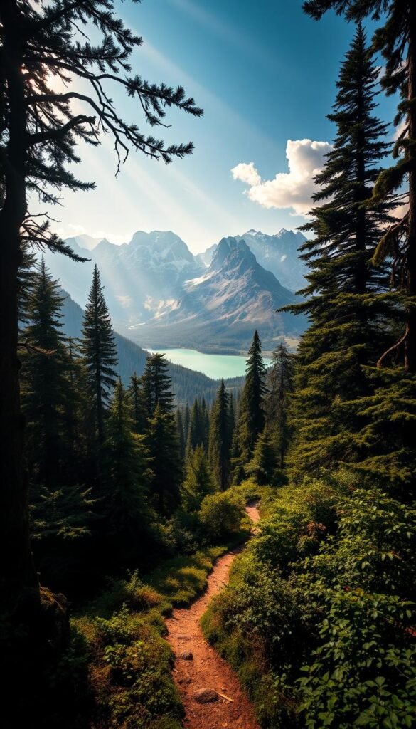 A sprawling vista of South America's rugged, untamed wilderness. In the foreground, a winding trail snakes through dense, verdant foliage, with towering, moss-cloaked trees casting deep shadows. The middle ground reveals majestic, snow-capped peaks reaching towards the heavens, their jagged silhouettes reflected in a pristine alpine lake. Shafts of golden sunlight pierce the canopy, bathing the scene in a warm, ethereal glow. The atmosphere is one of primal, untamed beauty - a realm of raw, untamed nature, beckoning the intrepid hiker to explore its timeless, untamed secrets. A sprawling vista of South America's rugged, untamed wilderness. In the foreground, a winding trail snakes through dense, verdant foliage, with towering, moss-cloaked trees casting deep shadows. The middle ground reveals majestic, snow-capped peaks reaching towards the heavens, their jagged silhouettes reflected in a pristine alpine lake. Shafts of golden sunlight pierce the canopy, bathing the scene in a warm, ethereal glow. The atmosphere is one of primal, untamed beauty - a realm of raw, untamed nature, beckoning the intrepid hiker to explore its timeless, untamed secrets.