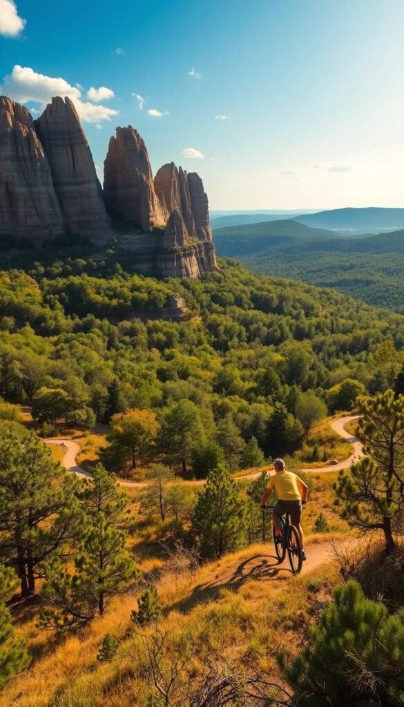 A sprawling vista of towering sandstone formations rises against a backdrop of lush, verdant forests in the heart of the Ozark Mountains. Sunlight filters through the canopy, casting a warm, golden glow over the winding trails that wind through this picturesque landscape. In the foreground, a lone mountain biker navigates the undulating terrain, their bike a blur of motion against the dramatic, monolithic structures that loom overhead. The scene exudes a sense of adventure and natural wonder, capturing the essence of Arkansas' renowned Monument Trails – a true crown jewel of the state's outdoor recreation offerings. A sprawling vista of towering sandstone formations rises against a backdrop of lush, verdant forests in the heart of the Ozark Mountains. Sunlight filters through the canopy, casting a warm, golden glow over the winding trails that wind through this picturesque landscape. In the foreground, a lone mountain biker navigates the undulating terrain, their bike a blur of motion against the dramatic, monolithic structures that loom overhead. The scene exudes a sense of adventure and natural wonder, capturing the essence of Arkansas' renowned Monument Trails – a true crown jewel of the state's outdoor recreation offerings.
