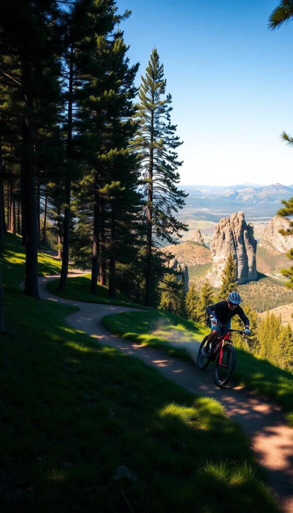A sun-dappled mountain bike trail winds through a lush, verdant forest, the tall pines casting soft shadows on the smooth, winding path. In the foreground, a rider navigates a series of berms and jumps, their bike kicking up a spray of dirt and leaves. The middle ground reveals a sweeping vista of rolling hills and distant peaks, the warm, golden light of the afternoon sun illuminating the scene. The background is framed by towering rock formations, their rugged, weathered surfaces hinting at the geologic history of the region. The overall mood is one of adventure, energy, and the thrill of exploring the great outdoors on two wheels. A sun-dappled mountain bike trail winds through a lush, verdant forest, the tall pines casting soft shadows on the smooth, winding path. In the foreground, a rider navigates a series of berms and jumps, their bike kicking up a spray of dirt and leaves. The middle ground reveals a sweeping vista of rolling hills and distant peaks, the warm, golden light of the afternoon sun illuminating the scene. The background is framed by towering rock formations, their rugged, weathered surfaces hinting at the geologic history of the region. The overall mood is one of adventure, energy, and the thrill of exploring the great outdoors on two wheels.