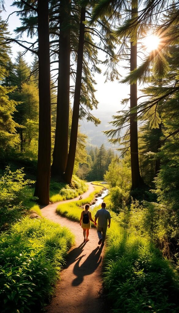 A sun-dappled trail winding through lush, verdant foliage in the heart of the Bay Area. In the foreground, a couple strolls hand-in-hand, taking in the serene beauty of the landscape. Towering redwood trees frame the scene, their trunks casting long shadows across the path. In the middle ground, a babbling brook cuts through the undergrowth, its gentle flow providing a soothing soundtrack. In the distance, rolling hills and distant peaks come into view, hinting at the expansive natural wonders of the region. The lighting is soft and warm, creating a inviting, tranquil atmosphere. Captured with a wide-angle lens to showcase the breadth of the scene, this image evokes the spirit of adventurous, yet leisurely Bay Area brunch hikes. A sun-dappled trail winding through lush, verdant foliage in the heart of the Bay Area. In the foreground, a couple strolls hand-in-hand, taking in the serene beauty of the landscape. Towering redwood trees frame the scene, their trunks casting long shadows across the path. In the middle ground, a babbling brook cuts through the undergrowth, its gentle flow providing a soothing soundtrack. In the distance, rolling hills and distant peaks come into view, hinting at the expansive natural wonders of the region. The lighting is soft and warm, creating a inviting, tranquil atmosphere. Captured with a wide-angle lens to showcase the breadth of the scene, this image evokes the spirit of adventurous, yet leisurely Bay Area brunch hikes.