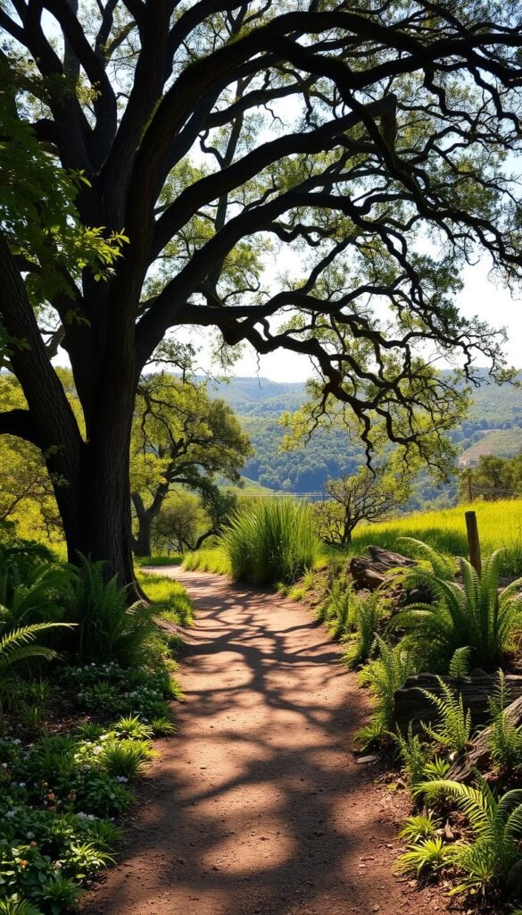 A sun-dappled trail winds through a lush, verdant landscape in Kerrville, Texas. Towering oak trees line the path, their branches casting gentle shadows on the packed earth below. In the distance, rolling hills dotted with wildflowers create a serene backdrop. The trail is flanked by vibrant foliage, with ferns and mosses cascading over the edges. A light breeze rustles the leaves, creating a soothing, natural ambiance. The scene is bathed in warm, golden light, lending an inviting and tranquil atmosphere. The overall impression is one of a peaceful, picturesque outdoor haven, perfect for a rejuvenating hike. A sun-dappled trail winds through a lush, verdant landscape in Kerrville, Texas. Towering oak trees line the path, their branches casting gentle shadows on the packed earth below. In the distance, rolling hills dotted with wildflowers create a serene backdrop. The trail is flanked by vibrant foliage, with ferns and mosses cascading over the edges. A light breeze rustles the leaves, creating a soothing, natural ambiance. The scene is bathed in warm, golden light, lending an inviting and tranquil atmosphere. The overall impression is one of a peaceful, picturesque outdoor haven, perfect for a rejuvenating hike.