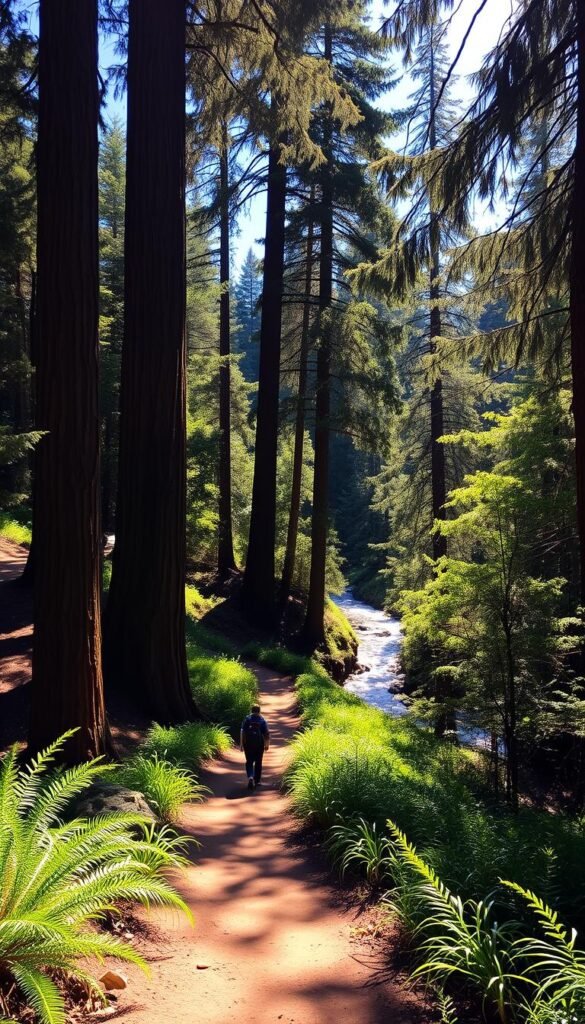 A sun-dappled trail winds through a lush, verdant landscape of the Bay Area. Towering redwood trees cast gentle shadows on the path, their ancient trunks reaching towards the azure sky. In the distance, a shimmering creek babbles its way through the undergrowth, its crystal-clear waters reflecting the surrounding foliage. Hikers traverse the trail, their footsteps crunching on the soft earth, as they take in the serene beauty of this natural haven. The warm, golden light filters through the canopy, creating a cozy, inviting atmosphere that beckons exploration. This idyllic scene captures the essence of the Bay Area's stunning outdoor trails, perfect for a leisurely brunch hike. A sun-dappled trail winds through a lush, verdant landscape of the Bay Area. Towering redwood trees cast gentle shadows on the path, their ancient trunks reaching towards the azure sky. In the distance, a shimmering creek babbles its way through the undergrowth, its crystal-clear waters reflecting the surrounding foliage. Hikers traverse the trail, their footsteps crunching on the soft earth, as they take in the serene beauty of this natural haven. The warm, golden light filters through the canopy, creating a cozy, inviting atmosphere that beckons exploration. This idyllic scene captures the essence of the Bay Area's stunning outdoor trails, perfect for a leisurely brunch hike.