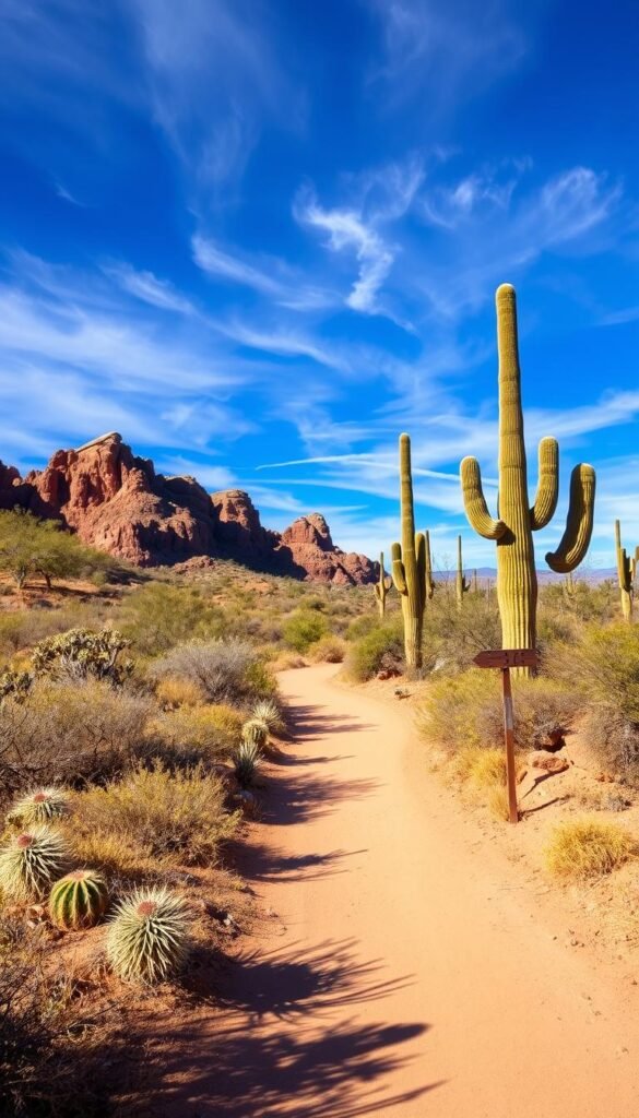A sun-dappled, well-maintained hiking trail winds through a desert landscape near Mesa, Arizona. The foreground features a wide, smooth path flanked by native desert plants and cacti. In the middle ground, rugged red rock formations rise up, casting gentle shadows across the trail. The background showcases the iconic silhouettes of saguaro cacti against a brilliant blue sky, with wispy clouds drifting overhead. The scene conveys a sense of tranquility and ease, inviting senior hikers to explore this beginner-friendly trail at their own leisurely pace, immersed in the serene beauty of the Sonoran Desert. A sun-dappled, well-maintained hiking trail winds through a desert landscape near Mesa, Arizona. The foreground features a wide, smooth path flanked by native desert plants and cacti. In the middle ground, rugged red rock formations rise up, casting gentle shadows across the trail. The background showcases the iconic silhouettes of saguaro cacti against a brilliant blue sky, with wispy clouds drifting overhead. The scene conveys a sense of tranquility and ease, inviting senior hikers to explore this beginner-friendly trail at their own leisurely pace, immersed in the serene beauty of the Sonoran Desert.