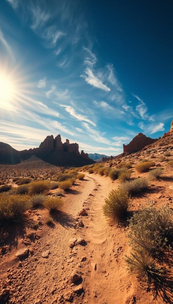 A sun-drenched desert trail winds through a parched landscape, the air shimmering with heat. Jagged rock formations rise in the distance, casting long shadows across the packed earth. In the foreground, a narrow path, flanked by scrubby desert plants, leads the way, inviting cautious steps. Overhead, a brilliant azure sky, dotted with wispy cirrus clouds, bathes the scene in a warm, golden glow. The mood is one of quiet solitude, a serene respite for the weary hiker, offering a chance to connect with the timeless beauty of the desert. Captured with a wide-angle lens, the image conveys a sense of expansive tranquility, perfect for illustrating the seasonal challenges and joys of senior hiking. A sun-drenched desert trail winds through a parched landscape, the air shimmering with heat. Jagged rock formations rise in the distance, casting long shadows across the packed earth. In the foreground, a narrow path, flanked by scrubby desert plants, leads the way, inviting cautious steps. Overhead, a brilliant azure sky, dotted with wispy cirrus clouds, bathes the scene in a warm, golden glow. The mood is one of quiet solitude, a serene respite for the weary hiker, offering a chance to connect with the timeless beauty of the desert. Captured with a wide-angle lens, the image conveys a sense of expansive tranquility, perfect for illustrating the seasonal challenges and joys of senior hiking.