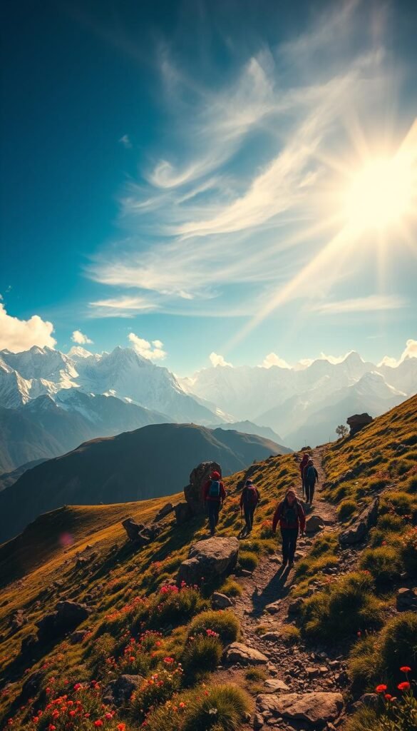 A sweeping panorama of snow-capped peaks reaching for the heavens, their jagged ridges silhouetted against a brilliant azure sky. In the foreground, a winding mountain trail snakes through a lush, green landscape, dotted with vibrant wildflowers and ancient, weathered rock formations. Shafts of warm, golden light filter through wispy clouds, casting a magical glow over the scene. Adventurous hikers, clad in rugged gear, make their way up the trail, their silhouettes small against the grandeur of the towering Himalayan mountains. The air is crisp and thin, lending an air of challenge and exhilaration to the high-altitude trek. This is the realm of Asia's most epic, awe-inspiring adventures. A sweeping panorama of snow-capped peaks reaching for the heavens, their jagged ridges silhouetted against a brilliant azure sky. In the foreground, a winding mountain trail snakes through a lush, green landscape, dotted with vibrant wildflowers and ancient, weathered rock formations. Shafts of warm, golden light filter through wispy clouds, casting a magical glow over the scene. Adventurous hikers, clad in rugged gear, make their way up the trail, their silhouettes small against the grandeur of the towering Himalayan mountains. The air is crisp and thin, lending an air of challenge and exhilaration to the high-altitude trek. This is the realm of Asia's most epic, awe-inspiring adventures.