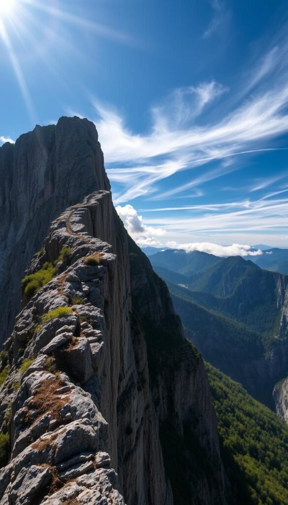 A towering bluff rises against a backdrop of azure skies, its sheer face a testament to the power of erosion. Winding along the edge, a narrow goat trail winds precariously, inviting the brave to traverse its treacherous path. Sunlight filters through wispy clouds, casting dramatic shadows on the rugged terrain. In the distance, verdant foliage clings to the slopes, contrasting with the exposed rock formations. The air is crisp and the atmosphere tense, as if the earth itself holds its breath, daring the adventurous to explore its most dangerous secrets. A towering bluff rises against a backdrop of azure skies, its sheer face a testament to the power of erosion. Winding along the edge, a narrow goat trail winds precariously, inviting the brave to traverse its treacherous path. Sunlight filters through wispy clouds, casting dramatic shadows on the rugged terrain. In the distance, verdant foliage clings to the slopes, contrasting with the exposed rock formations. The air is crisp and the atmosphere tense, as if the earth itself holds its breath, daring the adventurous to explore its most dangerous secrets.
