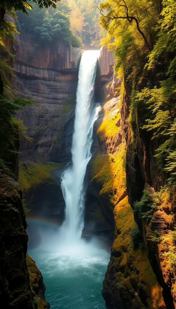 A towering cascade tumbles through a narrow, hemmed-in hollow, plunging over jagged, moss-covered rocks into a deep, emerald pool below. Mist swirls around the falls, casting a cool, ethereal glow. Lush, verdant foliage frames the scene, with towering cliffs rising on either side, creating a sense of dramatic, natural enclosure. Warm, diffused sunlight filters through the canopy, casting dynamic shadows and highlights across the rugged terrain. The overall atmosphere is one of raw, untamed power and primordial beauty, capturing the essence of Arkansas' tallest and most impressive waterfall. A towering cascade tumbles through a narrow, hemmed-in hollow, plunging over jagged, moss-covered rocks into a deep, emerald pool below. Mist swirls around the falls, casting a cool, ethereal glow. Lush, verdant foliage frames the scene, with towering cliffs rising on either side, creating a sense of dramatic, natural enclosure. Warm, diffused sunlight filters through the canopy, casting dynamic shadows and highlights across the rugged terrain. The overall atmosphere is one of raw, untamed power and primordial beauty, capturing the essence of Arkansas' tallest and most impressive waterfall.