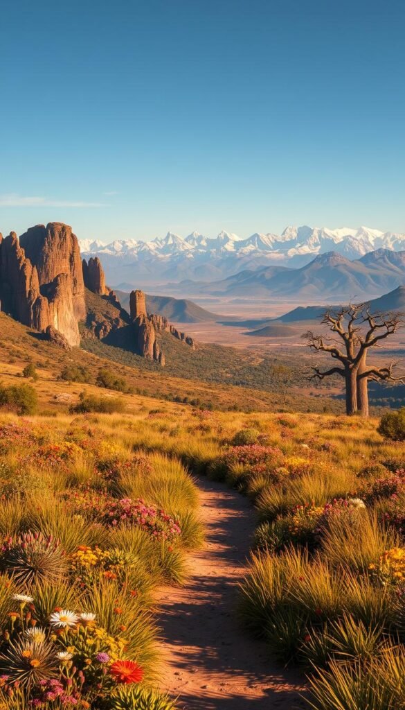 A vast, diverse landscape of Africa's trails unfolds, weaving through towering mountains, lush rainforests, and expansive savannas. In the foreground, a meandering path cuts through a vibrant tapestry of vibrant wildflowers and long, swaying grasses. In the middle ground, rugged rock formations and ancient baobab trees stand as silent sentinels, casting long shadows across the rugged terrain. The background reveals a panoramic vista of snow-capped peaks, their jagged silhouettes casting a serene, majestic presence. Warm, golden hues bathe the scene, creating a sense of timeless exploration and adventure. The image captures the breathtaking beauty and awe-inspiring diversity of Africa's captivating hiking trails. A vast, diverse landscape of Africa's trails unfolds, weaving through towering mountains, lush rainforests, and expansive savannas. In the foreground, a meandering path cuts through a vibrant tapestry of vibrant wildflowers and long, swaying grasses. In the middle ground, rugged rock formations and ancient baobab trees stand as silent sentinels, casting long shadows across the rugged terrain. The background reveals a panoramic vista of snow-capped peaks, their jagged silhouettes casting a serene, majestic presence. Warm, golden hues bathe the scene, creating a sense of timeless exploration and adventure. The image captures the breathtaking beauty and awe-inspiring diversity of Africa's captivating hiking trails.