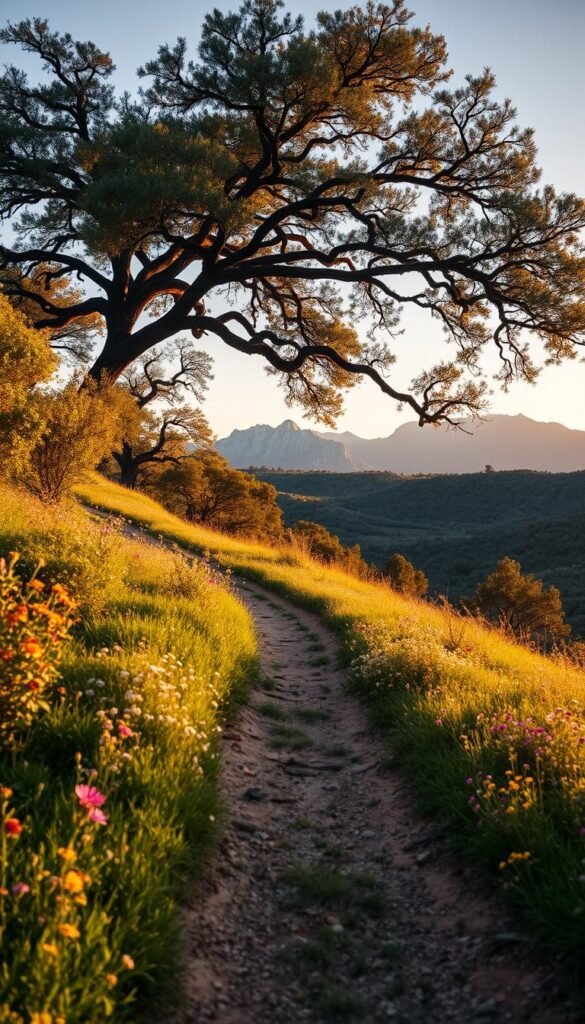 A vast, lush trail winds its way through the rolling hills of Kerrville, Texas. The foreground showcases a well-maintained path, flanked by vibrant wildflowers and verdant foliage. In the middle ground, towering oak trees cast a dappled, golden-hour glow across the scene, while in the distance, the rugged, blue-hued Guadalupe Mountains rise majestically. The lighting is soft and warm, creating a serene and inviting atmosphere. Capture this picturesque hiking trail in a wide-angle, landscape-oriented photograph, utilizing a shallow depth of field to focus the viewer's attention on the captivating natural beauty of the region. A vast, lush trail winds its way through the rolling hills of Kerrville, Texas. The foreground showcases a well-maintained path, flanked by vibrant wildflowers and verdant foliage. In the middle ground, towering oak trees cast a dappled, golden-hour glow across the scene, while in the distance, the rugged, blue-hued Guadalupe Mountains rise majestically. The lighting is soft and warm, creating a serene and inviting atmosphere. Capture this picturesque hiking trail in a wide-angle, landscape-oriented photograph, utilizing a shallow depth of field to focus the viewer's attention on the captivating natural beauty of the region.