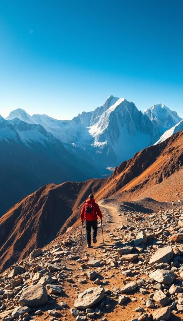 A vast, snow-capped mountain range rises majestically against a vibrant, azure sky. In the foreground, a lone hiker navigates a treacherous, winding trail, backpack in tow, determined to conquer the ultimate hiking challenge. The scene is bathed in warm, golden sunlight, casting dramatic shadows across the rugged, rocky terrain. The hiker's silhouette stands resolute, facing the looming, jagged peaks that stretch up towards the heavens, daring the adventurer to push their limits and reach the summit. A sense of awe, wonder, and the thrill of the unknown permeates the image, capturing the essence of the ultimate hiking challenge. A vast, snow-capped mountain range rises majestically against a vibrant, azure sky. In the foreground, a lone hiker navigates a treacherous, winding trail, backpack in tow, determined to conquer the ultimate hiking challenge. The scene is bathed in warm, golden sunlight, casting dramatic shadows across the rugged, rocky terrain. The hiker's silhouette stands resolute, facing the looming, jagged peaks that stretch up towards the heavens, daring the adventurer to push their limits and reach the summit. A sense of awe, wonder, and the thrill of the unknown permeates the image, capturing the essence of the ultimate hiking challenge.