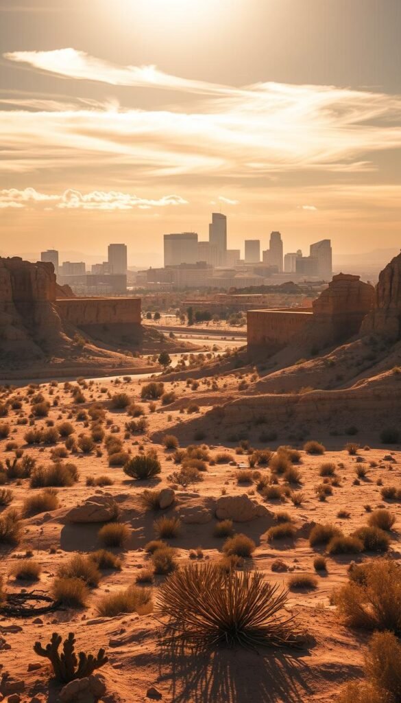 A vast, sun-drenched desert landscape stretches out in the foreground, with rugged sandstone formations and sparse desert vegetation. In the middle ground, a dynamic skyline of modern skyscrapers and historic adobe buildings rises up, casting long shadows across the parched earth. Warm, golden light filters through wispy clouds, illuminating the scene with a tranquil, timeless atmosphere. The image is captured through a wide-angle lens, providing a sweeping, panoramic view that invites the viewer to explore the contrast between the natural and urban elements. Overall, the scene conveys a sense of serenity and adventure, perfectly suited for senior hikers seeking to discover the unique beauty of the American Southwest. A vast, sun-drenched desert landscape stretches out in the foreground, with rugged sandstone formations and sparse desert vegetation. In the middle ground, a dynamic skyline of modern skyscrapers and historic adobe buildings rises up, casting long shadows across the parched earth. Warm, golden light filters through wispy clouds, illuminating the scene with a tranquil, timeless atmosphere. The image is captured through a wide-angle lens, providing a sweeping, panoramic view that invites the viewer to explore the contrast between the natural and urban elements. Overall, the scene conveys a sense of serenity and adventure, perfectly suited for senior hikers seeking to discover the unique beauty of the American Southwest.