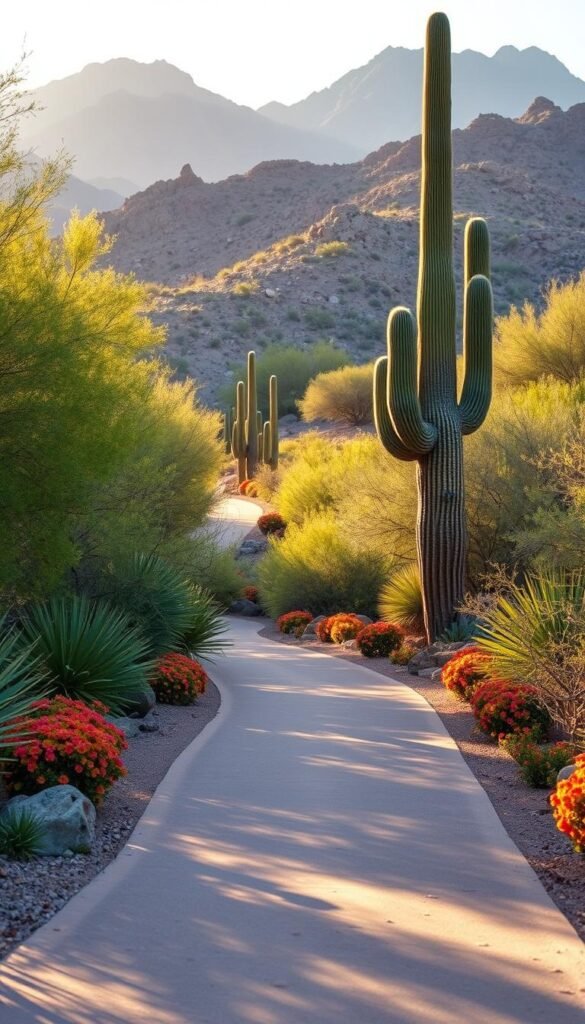 A well-maintained, accessible loop trail winds through a lush, sun-dappled desert landscape in Phoenix, Arizona. The path is wide and gently sloping, with smooth, even footing suitable for senior hikers. Towering saguaro cacti and vibrant desert flora line the trail, creating a visually striking scene. Soft natural lighting filters through the surrounding desert vegetation, casting a warm, golden glow over the scene. In the distance, rugged desert mountains rise up, creating a picturesque backdrop. An air of tranquility and serene exploration pervades the image, inviting senior adventurers to discover the beauty of this beginner-friendly hiking trail. A well-maintained, accessible loop trail winds through a lush, sun-dappled desert landscape in Phoenix, Arizona. The path is wide and gently sloping, with smooth, even footing suitable for senior hikers. Towering saguaro cacti and vibrant desert flora line the trail, creating a visually striking scene. Soft natural lighting filters through the surrounding desert vegetation, casting a warm, golden glow over the scene. In the distance, rugged desert mountains rise up, creating a picturesque backdrop. An air of tranquility and serene exploration pervades the image, inviting senior adventurers to discover the beauty of this beginner-friendly hiking trail.