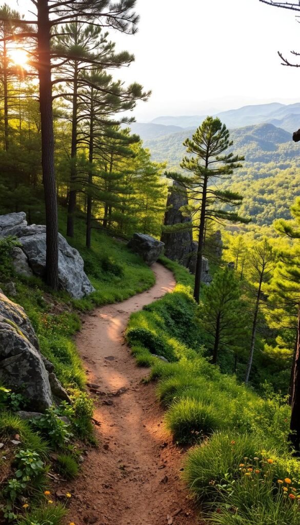 A winding mountain bike trail snakes through a lush, verdant forest in Fayetteville, Arkansas. Sunlight filters through the canopy, casting a warm, golden glow on the well-trodden path. Rugged rock formations jut out from the surrounding hillsides, adding a sense of adventure and challenge to the ride. In the distance, a glimpse of the Ozark Mountains' rolling peaks can be seen, hinting at the expansive natural beauty that lies beyond this hidden gem. The trail is flanked by towering pines and fragrant wildflowers, creating an immersive, serene experience for the intrepid mountain biker. A winding mountain bike trail snakes through a lush, verdant forest in Fayetteville, Arkansas. Sunlight filters through the canopy, casting a warm, golden glow on the well-trodden path. Rugged rock formations jut out from the surrounding hillsides, adding a sense of adventure and challenge to the ride. In the distance, a glimpse of the Ozark Mountains' rolling peaks can be seen, hinting at the expansive natural beauty that lies beyond this hidden gem. The trail is flanked by towering pines and fragrant wildflowers, creating an immersive, serene experience for the intrepid mountain biker.
