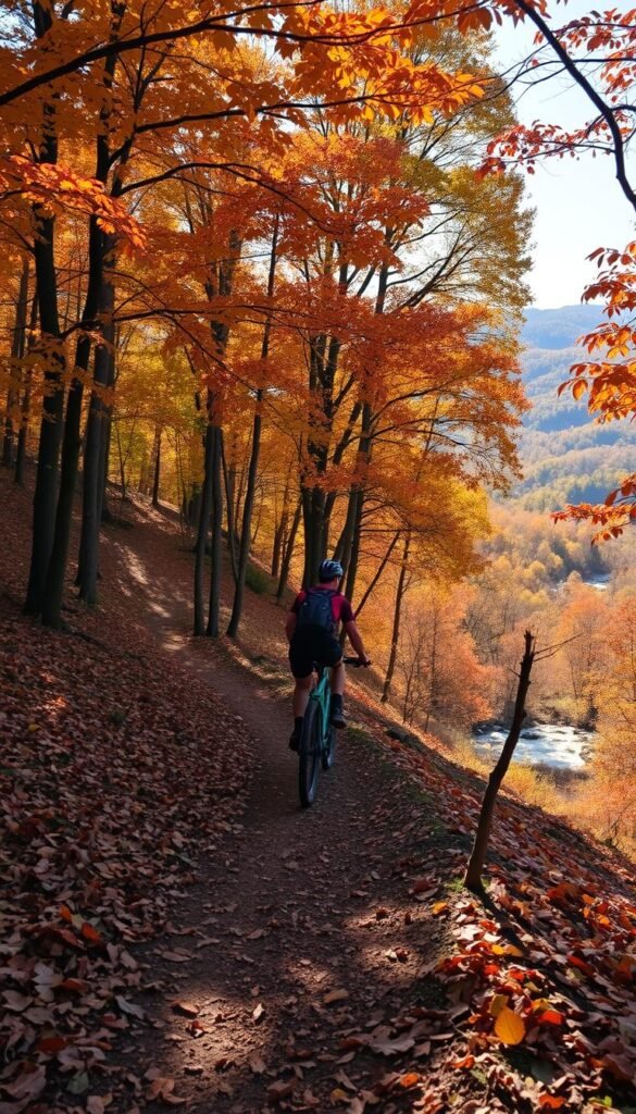 An autumnal mountain biking scene in the Ozarks of Arkansas. A winding trail carves through a dense forest of vibrant fall foliage, with rolling hills in the distance. A lone rider on a sleek mountain bike navigates the path, their tire tracks weaving through a carpet of fallen leaves. Dappled sunlight filters through the canopy, casting a warm, golden glow over the entire landscape. The air is crisp and cool, hinting at the changing of the seasons. In the background, a serene mountain creek glistens, its tranquil waters reflecting the vibrant colors around it. This is the perfect time of year to experience the best of Arkansas' renowned mountain biking trails. An autumnal mountain biking scene in the Ozarks of Arkansas. A winding trail carves through a dense forest of vibrant fall foliage, with rolling hills in the distance. A lone rider on a sleek mountain bike navigates the path, their tire tracks weaving through a carpet of fallen leaves. Dappled sunlight filters through the canopy, casting a warm, golden glow over the entire landscape. The air is crisp and cool, hinting at the changing of the seasons. In the background, a serene mountain creek glistens, its tranquil waters reflecting the vibrant colors around it. This is the perfect time of year to experience the best of Arkansas' renowned mountain biking trails.