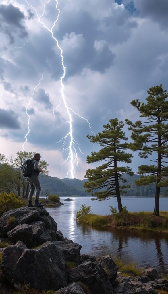 An outdoor scene depicting lightning safety near trees and water. A lone hiker stands on a rocky outcrop, cautiously observing the surroundings. In the background, a storm brews, with dramatic clouds and forks of lightning streaking across the sky. Tall, leafy trees dot the landscape, their branches swaying in the wind. A serene lake or river reflects the ominous sky. The hiker wears appropriate gear and maintains a safe distance from the trees and water, demonstrating responsible lightning safety practices. The scene conveys a sense of imminent danger balanced by the hiker's preparedness, aligning with the article's focus on avoiding lightning strikes while hiking. An outdoor scene depicting lightning safety near trees and water. A lone hiker stands on a rocky outcrop, cautiously observing the surroundings. In the background, a storm brews, with dramatic clouds and forks of lightning streaking across the sky. Tall, leafy trees dot the landscape, their branches swaying in the wind. A serene lake or river reflects the ominous sky. The hiker wears appropriate gear and maintains a safe distance from the trees and water, demonstrating responsible lightning safety practices. The scene conveys a sense of imminent danger balanced by the hiker's preparedness, aligning with the article's focus on avoiding lightning strikes while hiking.
