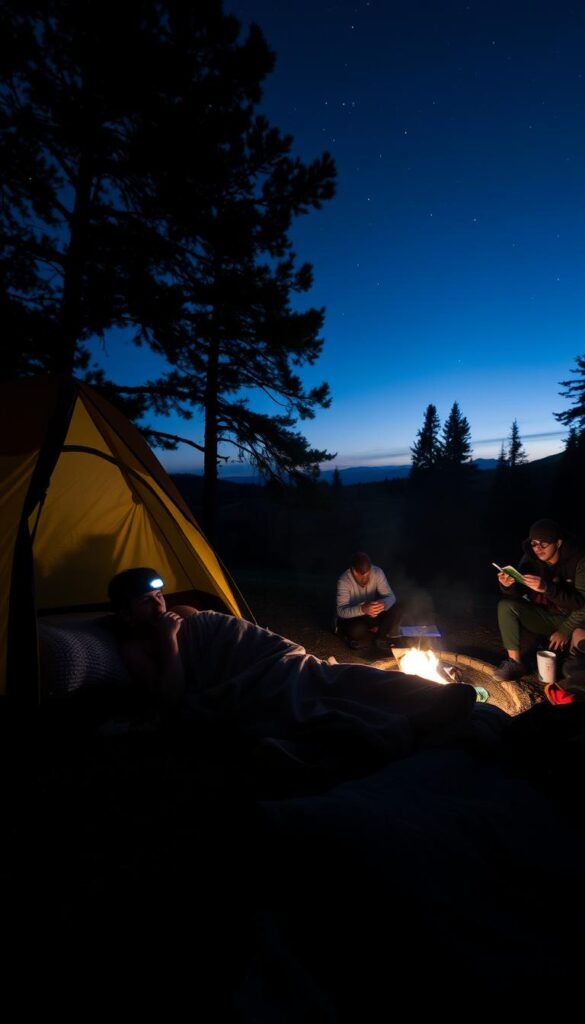 Cozy campsite at twilight, a tent illuminated by a warm glow, campers performing their nighttime routine. A person settles into a plush sleeping bag, placing a headlamp on their forehead, reading a book by the flickering firelight. Nearby, another camper organizes their gear, stowing away the day's supplies. The background features a starry sky, silhouetted trees, and the faint outline of distant mountains. The atmosphere is tranquil, with a sense of peaceful anticipation for a restful night under the stars. Cozy campsite at twilight, a tent illuminated by a warm glow, campers performing their nighttime routine. A person settles into a plush sleeping bag, placing a headlamp on their forehead, reading a book by the flickering firelight. Nearby, another camper organizes their gear, stowing away the day's supplies. The background features a starry sky, silhouetted trees, and the faint outline of distant mountains. The atmosphere is tranquil, with a sense of peaceful anticipation for a restful night under the stars.