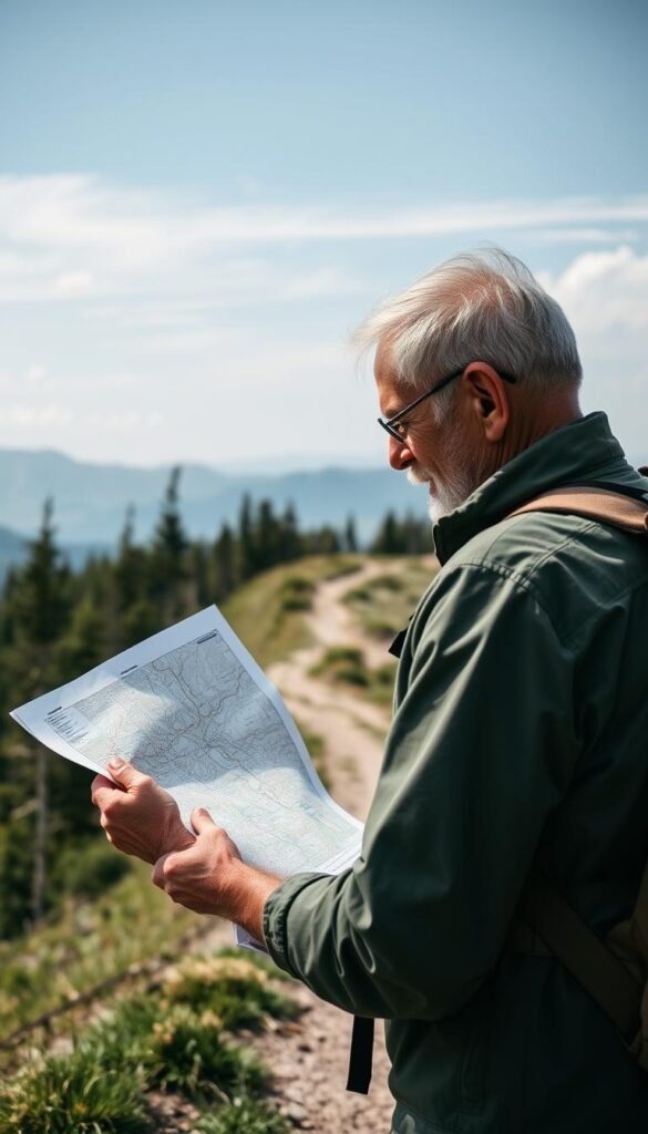 Outdoor scene of a senior hiker examining a detailed trail map in their hands. Soft, natural lighting illuminates the map's contours and the hiker's focused expression. The middle ground features a well-marked hiking trail winding through a lush, verdant forest. In the background, distant mountains rise, their peaks kissed by wispy clouds. The overall atmosphere conveys a sense of exploration, discovery, and the joy of navigating the great outdoors. Outdoor scene of a senior hiker examining a detailed trail map in their hands. Soft, natural lighting illuminates the map's contours and the hiker's focused expression. The middle ground features a well-marked hiking trail winding through a lush, verdant forest. In the background, distant mountains rise, their peaks kissed by wispy clouds. The overall atmosphere conveys a sense of exploration, discovery, and the joy of navigating the great outdoors.