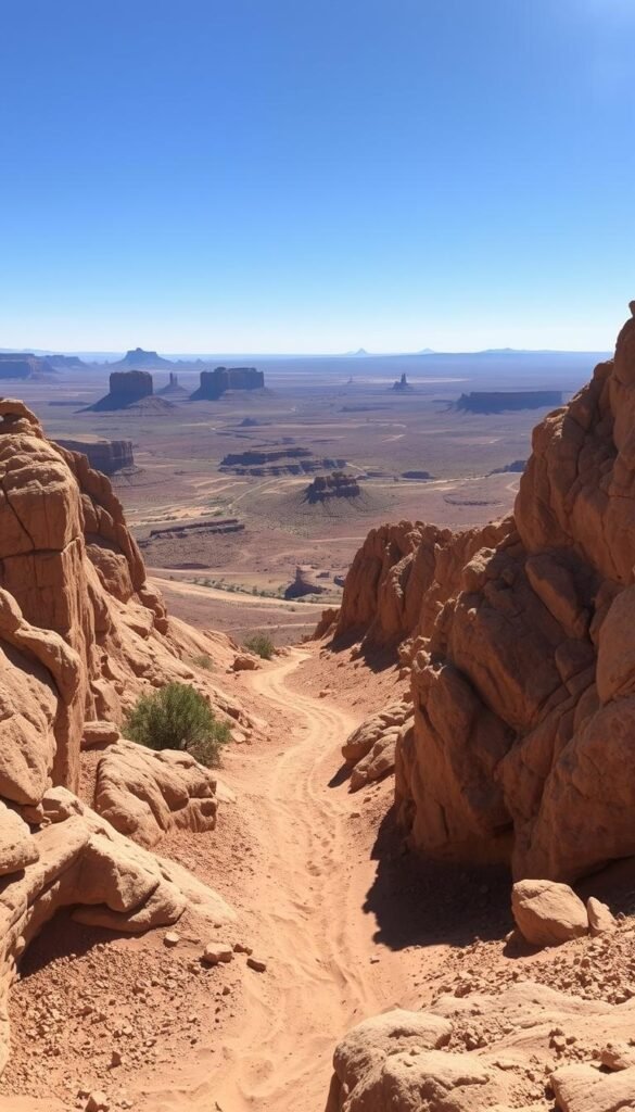 Panoramic desert vistas stretch across a vast, sun-drenched landscape. In the foreground, a well-marked hiking trail winds through rugged sandstone formations, their weathered surfaces casting dynamic shadows. The middle ground reveals distant mesas and buttes, their jagged silhouettes hazy under the warm, golden light. The background showcases an endless horizon, where the earth meets the boundless, azure sky. The scene exudes a sense of serene tranquility, inviting the viewer to embark on a journey of discovery along this beginner-friendly trail, offering stunning natural beauty with minimal effort. Panoramic desert vistas stretch across a vast, sun-drenched landscape. In the foreground, a well-marked hiking trail winds through rugged sandstone formations, their weathered surfaces casting dynamic shadows. The middle ground reveals distant mesas and buttes, their jagged silhouettes hazy under the warm, golden light. The background showcases an endless horizon, where the earth meets the boundless, azure sky. The scene exudes a sense of serene tranquility, inviting the viewer to embark on a journey of discovery along this beginner-friendly trail, offering stunning natural beauty with minimal effort.
