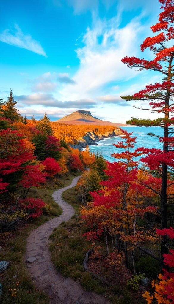 A breathtaking coastal vista in Acadia National Park, Maine, during the vibrant fall season. The foreground features a winding hiking trail leading through a lush, colorful forest canopy of crimson maples, golden birches, and russet oaks. In the middle ground, a dramatic rocky shoreline with crashing Atlantic waves contrasts with the rich autumnal hues. The background showcases the iconic Cadillac Mountain, its peak bathed in warm, golden light filtering through wispy clouds. The scene evokes a sense of serene tranquility and the majestic beauty of nature's seasonal transformation.