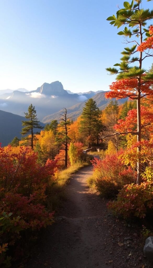 A breathtaking landscape of the Great Smoky Mountains, with the Gregory Ridge Trail winding through a lush, autumnal forest. The foreground features a well-worn path, flanked by vibrant foliage in shades of red, orange, and yellow. Towering, mist-shrouded peaks rise in the distance, their rugged silhouettes framed by a soft, golden light filtering through the canopy. The scene exudes a sense of tranquility and adventure, inviting the viewer to step onto the trail and immerse themselves in the natural splendor of this iconic Tennessee/North Carolina destination.