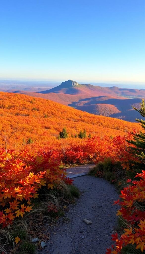 A breathtaking vista of the Mount Battie Trail in Maine's Camden Hills State Park. In the foreground, a winding path leads through a carpet of vibrant autumn foliage - oranges, reds, and golds illuminated by soft, warm lighting. The middle ground reveals sweeping vistas of rolling hills, their slopes painted with the brilliant hues of fall. In the distance, the iconic silhouette of Mount Battie stands tall, its rocky peaks framed by a clear, azure sky. The overall scene conveys a sense of tranquility and natural wonder, inviting the viewer to immerse themselves in the beauty of this captivating New England landscape.