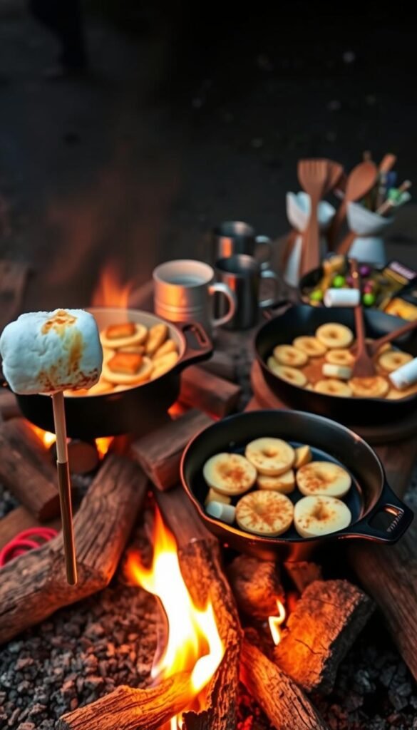 A campfire glows warmly, casting a soft light on a spread of rustic camping desserts. In the foreground, a skewered marshmallow roasts over the flickering flames, its gooey exterior just beginning to caramelize. Beside it, a dutch oven filled with a bubbling cobbler, its crust golden and flaky. In the middle ground, a cast-iron pan holds sizzling apple slices, sprinkled with cinnamon and sugar. In the background, a picnic table is set with tin mugs, wooden utensils, and a tray of graham crackers, chocolate bars, and bags of colorful candies. The scene evokes the simple pleasures of outdoor living, with the aroma of baked treats mingling with the smoky scent of the campfire.