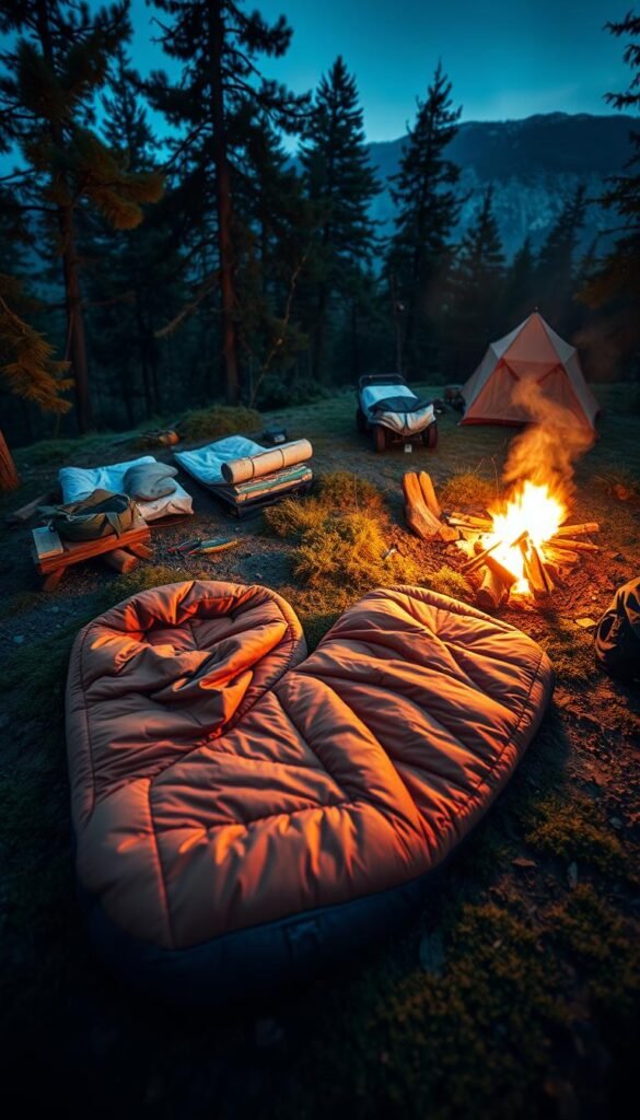 A cozy and well-equipped campsite at dusk, with a pair of high-quality sleeping bags and insulated sleeping pads neatly laid out on the soft, mossy ground. The bags are plush and inviting, with a warm, earthy color palette that complements the natural surroundings. The pads are thick and supportive, ensuring a comfortable night's sleep under the twinkling stars. The scene is bathed in a gentle, golden glow from a nearby campfire, casting a soothing ambiance over the peaceful outdoor setting.