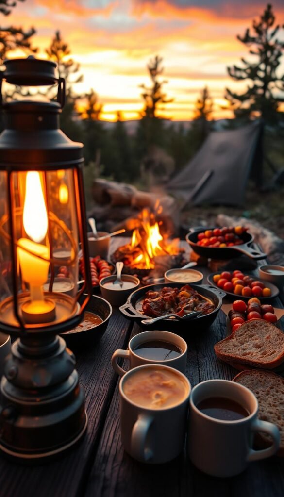 A cozy campfire flickering in the twilight, casting a warm glow over a rustic wooden table laden with hearty camping fare - cast-iron skillets sizzling with savory stews, kebabs of tender meats and fresh vegetables, crusty bread, and steaming mugs of fragrant herbal tea. In the foreground, a vintage-inspired lantern illuminates the scene, while in the background, silhouetted pine trees sway gently against a vibrant sunset sky. The composition is captured through a wide-angle lens, evoking a sense of tranquility and the great outdoors. Overall, the image conveys the comforting, family-friendly atmosphere of an ideal camping dinner in the wilderness.