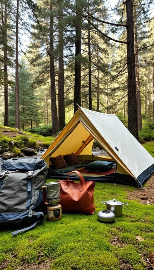 A cozy campsite nestled in a lush, verdant forest. In the foreground, a neatly arranged collection of essential camping gear: a sturdy backpack, a weathered leather tote, a compact camping stove, and a mess kit. In the middle ground, a spacious, well-ventilated tent with a classic A-frame design, invitingly pitched on a bed of soft moss. The background features a tranquil stream, its gentle murmurs complementing the dappled sunlight filtering through the canopy of towering pine trees. The scene exudes a sense of adventure and simplicity, perfectly capturing the spirit of a beginner's foray into the great outdoors.