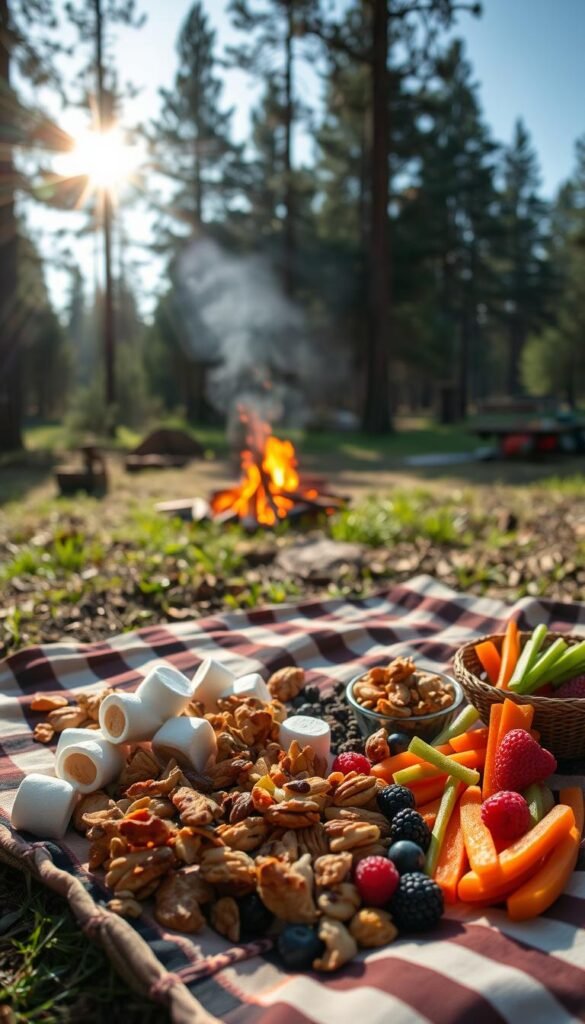 A cozy campsite nestled in a serene forest, with a picnic blanket spread out on the ground. On the blanket, an assortment of tempting camping snacks and munchies: toasted marshmallows, roasted nuts, trail mix, fresh berries, and crisp veggie sticks. Sunlight filters through the canopy, casting a warm glow on the scene. In the background, a crackling campfire and the silhouettes of tall pine trees. The overall atmosphere is one of relaxation, adventure, and the simple pleasures of outdoor living.