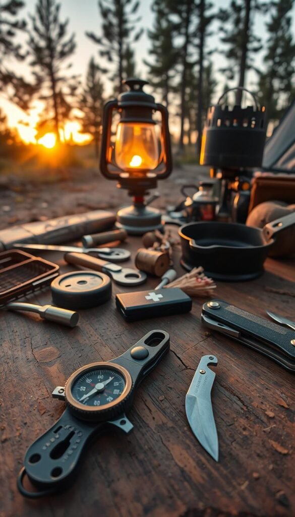 A cozy campsite scene with an array of essential tools and accessories laid out on a sturdy wooden table. In the foreground, a weathered compass, a sharp pocket knife, and a multi-tool with various functional attachments. In the middle ground, a camp stove, a cast-iron skillet, and a compact first-aid kit nestled among dried kindling and matches. In the background, a rustic lantern casts a warm, ambient glow, complementing the natural wood textures and the silhouettes of pine trees against a golden sunset sky. The composition emphasizes the practical, yet inviting atmosphere of a well-equipped campsite, ready to support outdoor adventures.