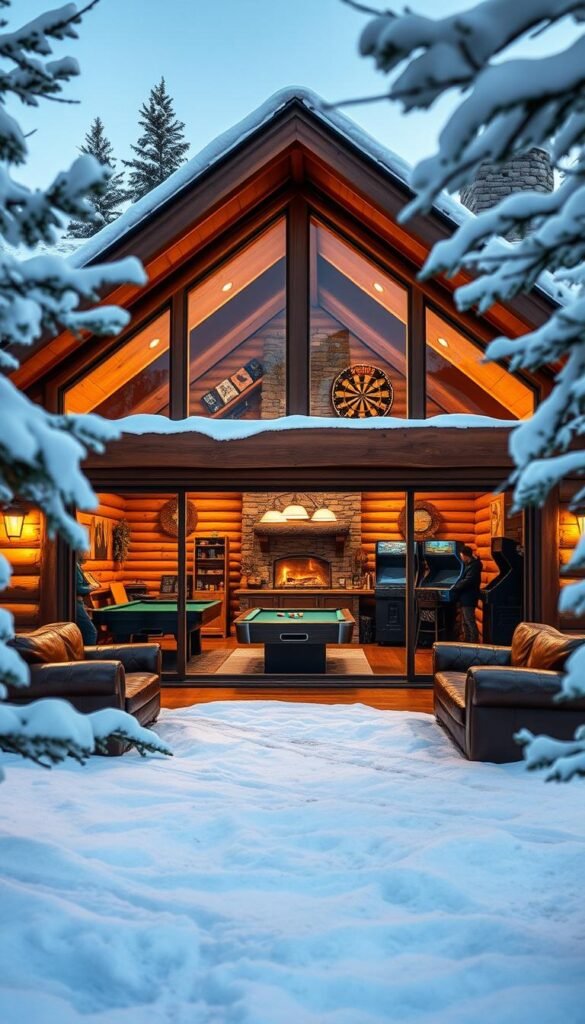 A cozy, family-friendly cabin nestled in a picturesque winter wonderland. The warm, inviting facade is adorned with log construction and a large stone fireplace, framed by snow-capped pines. Through the large windows, glimpse a spacious interior with a game room featuring a pool table, dart board, and vintage arcade cabinets. Soft lighting casts a golden glow, while plush leather couches and a roaring fire create a comfy, relaxed atmosphere perfect for quality time with loved ones. In the background, a snowy landscape stretches out, hinting at outdoor adventures to be had.