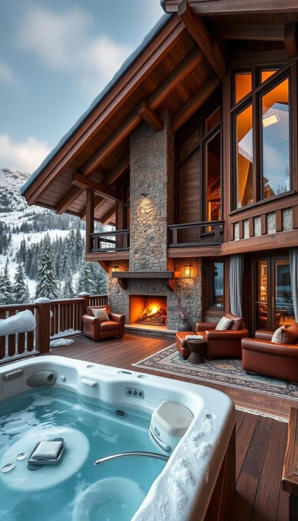A cozy, high-end ski chalet nestled in a picturesque alpine landscape, with snow-capped peaks and evergreen forests in the background. The chalet features a warm, inviting exterior of natural wood and stone, with large windows that offer panoramic views of the winter wonderland. The interior is luxuriously appointed, with plush leather furnishings, a roaring fireplace, and a spacious open-plan layout that seamlessly blends the living, dining, and kitchen areas. Soft, diffused lighting creates a serene and tranquil atmosphere, while heavy, textured curtains and thick rugs add to the cozy ambiance. Guests can unwind in the private hot tub on the outdoor deck, taking in the crisp, snow-filled air and the breathtaking mountain scenery.