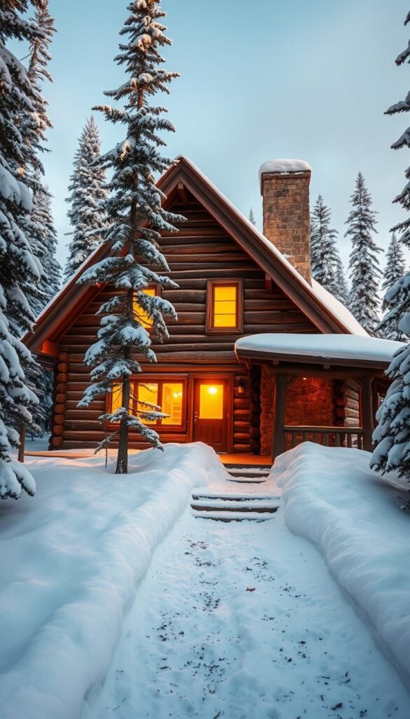 A cozy log cabin nestled in a snowy, pine-forested landscape. The cabin's rustic exterior features weathered logs and a charming stone chimney, surrounded by a blanket of pristine white snow. Warm golden light spills through the cabin's windows, casting a welcoming glow and hinting at the inviting comfort within. In the foreground, a path leads to the cabin's entrance, flanked by tall, snow-capped evergreens. The overall scene evokes a sense of tranquility, solitude, and the peaceful embrace of nature during the winter season.