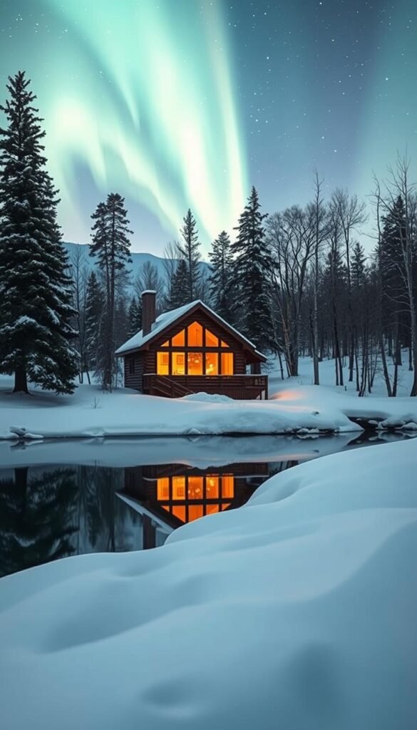 A cozy log cabin nestled on the shores of a serene lake, surrounded by a pristine winter wonderland. The cabin is bathed in a warm, golden glow from large windows, inviting you inside to bask in the crackling fireplace. Thick snowdrifts blanket the landscape, with towering pines and bare, majestic trees lining the shore. Glassy, still waters reflect the cabin and the dance of the Northern Lights in the clear, starry sky above. A sense of tranquility and solitude permeates the scene, promising a peaceful, restorative escape from the outside world.