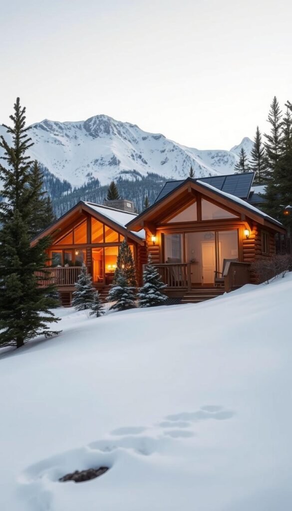 A cozy, sustainable cabin nestled in a snowy winter wonderland. In the foreground, a wooden structure with large windows, blending seamlessly into the surrounding landscape. Warm light spills out, inviting you inside. The middle ground features a gentle slope covered in a thick blanket of pristine white snow, dotted with evergreen trees. In the background, a towering mountain range, its peaks dusted with snow, creating a serene and peaceful atmosphere. The cabin is powered by solar panels on the roof, and the interior is furnished with recycled and locally sourced materials, reflecting the eco-friendly ethos. A small porch with rocking chairs overlooks the serene scene, beckoning you to sit and soak in the tranquility of this winter oasis.