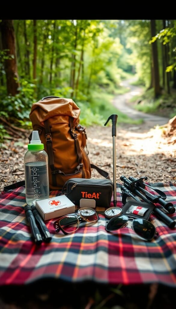 A cozy, well-lit outdoor scene showcasing a collection of personal hiking essentials. In the foreground, a sturdy backpack, water bottle, and hiking poles stand ready. The middle ground features a compass, first-aid kit, and sunglasses resting on a plaid blanket. In the background, lush greenery and a winding trail suggest a tranquil forest setting. The lighting is warm and natural, creating a sense of adventure and preparedness. Captured with a wide-angle lens to emphasize the carefully curated arrangement of hiking must-haves.