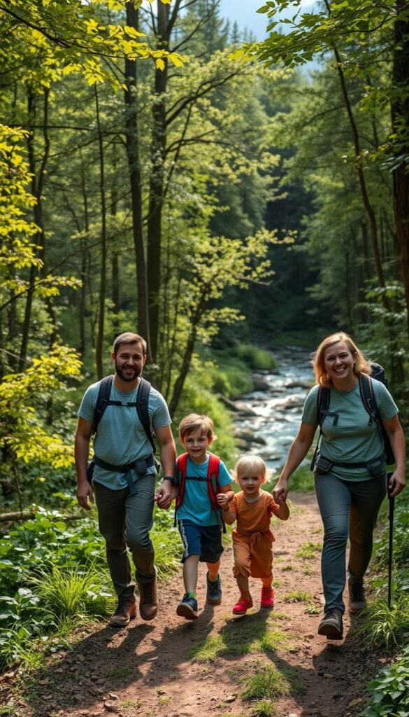 A family of four - parents, young son and daughter - hiking on a winding forest trail, backpacks on, with the parents holding the children's hands to guide them. Sunlight filters through the lush green canopy, casting a warm glow on the scene. In the background, a babbling brook cuts through the undergrowth, and distant mountains rise up, shrouded in mist. The hikers' expressions are calm and content, conveying a sense of adventure and togetherness. The composition highlights the importance of safety and supervision when exploring the outdoors with young explorers.