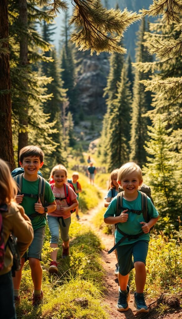 A group of excited children explore a lush, forested trail, their backpacks and hiking gear at the ready. Warm, natural sunlight filters through the canopy, casting a golden glow on their adventurous faces. In the middle ground, a winding path meanders through the undergrowth, inviting them to discover new wonders around each bend. The background is filled with towering evergreens and rocky outcroppings, hinting at the rugged terrain yet to be conquered. The scene radiates a sense of exploration, curiosity, and the joy of learning about the natural world through hands-on experience.