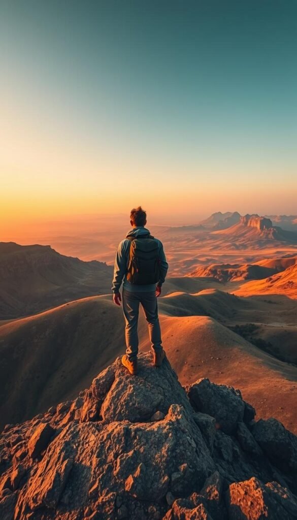 A lone traveler standing on a rocky promontory, gazing out over a vast, untamed landscape. The sky is painted in shades of golden-orange, casting a warm, contemplative glow across the rugged terrain. In the distance, rolling hills and jagged peaks rise up, inviting the viewer to explore their hidden wonders. The traveler, clad in minimal, weathered gear, exudes a sense of calm and introspection, their solitary silhouette capturing the essence of solitude-seeking adventure. The scene is captured with a wide-angle lens, emphasizing the expansive, untamed nature of the environment and the traveler's humble place within it.