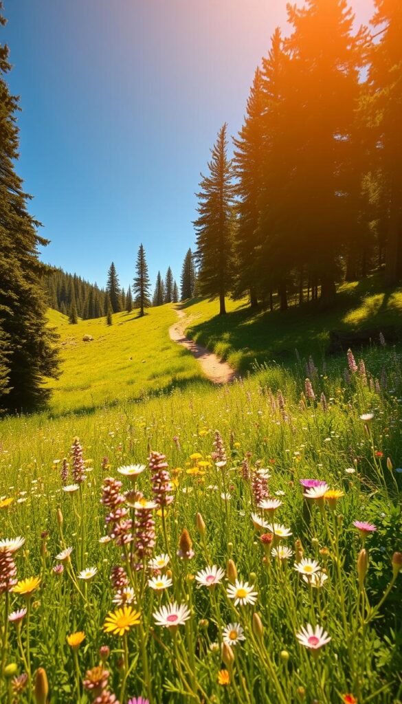 A lush meadow bathed in warm golden light, wildflowers in full bloom cascading across the foreground. In the middle ground, a winding trail leads hikers through a verdant landscape, framed by towering pine trees reaching up to a clear azure sky. Soft shadows dance across the scene, creating a serene, tranquil atmosphere that invites exploration. Captured with a wide-angle lens to showcase the breadth and beauty of this idyllic wildflower haven, the perfect time to visit and experience nature's vibrant spring awakening.