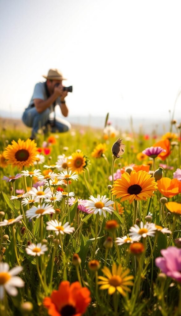 A lush meadow in warm, golden afternoon light. In the foreground, an array of vibrant wildflowers - delicate daisies, cheerful sunflowers, and colorful poppies - arranged in a dynamic, natural composition. The middle ground features a skilled photographer, crouched low with a professional DSLR camera, capturing the intricate details and vibrant hues of the blooms through a macro lens. The background softly fades into a dreamlike, hazy landscape of rolling hills and a clear, azure sky. The overall atmosphere is one of serene beauty, inviting the viewer to immerse themselves in the tranquil, natural wonder of the wildflower scene.