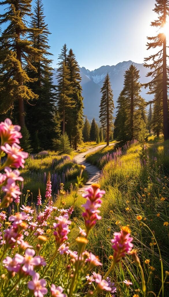 A lush, sun-dappled trail winds through a vibrant tapestry of wildflowers. In the foreground, delicate blooms in shades of pink, purple, and yellow sway gently in a soft breeze. The middle ground reveals a meandering path, flanked by towering evergreens and deciduous trees casting warm, filtered light. In the distance, rugged mountains rise, their peaks capped with snow, creating a breathtaking backdrop. The scene is bathed in a golden, late-afternoon glow, evoking a sense of tranquility and wonder. Shot with a wide-angle lens, this image captures the quintessential beauty of a stunning wildflower trail in the United States.