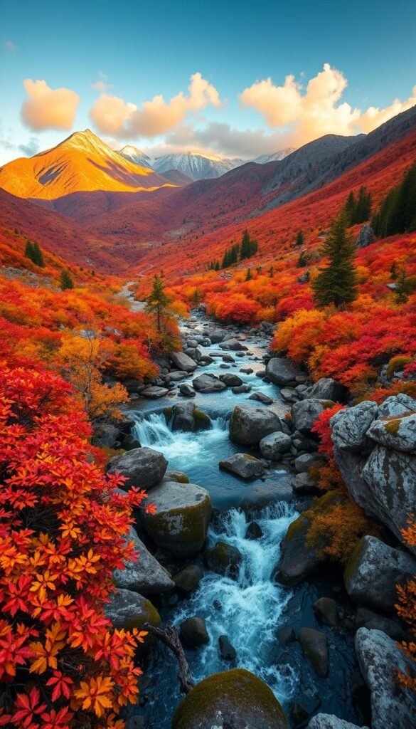 A majestic panorama of the White Mountains in autumn, with the Ledge Trail winding through the vibrant landscape. The foreground is ablaze with a tapestry of fiery reds, oranges, and yellows, casting a warm glow across the rugged terrain. In the middle ground, a crystal-clear mountain stream reflects the brilliant foliage, its waters gently cascading over moss-covered boulders. The background is dominated by towering peaks, their summits shrouded in wispy clouds illuminated by the golden afternoon sun. The scene is captured with a wide-angle lens, conveying a sense of awe and immersion, inviting the viewer to embark on a serene and picturesque hike through this enchanting autumnal wonderland.